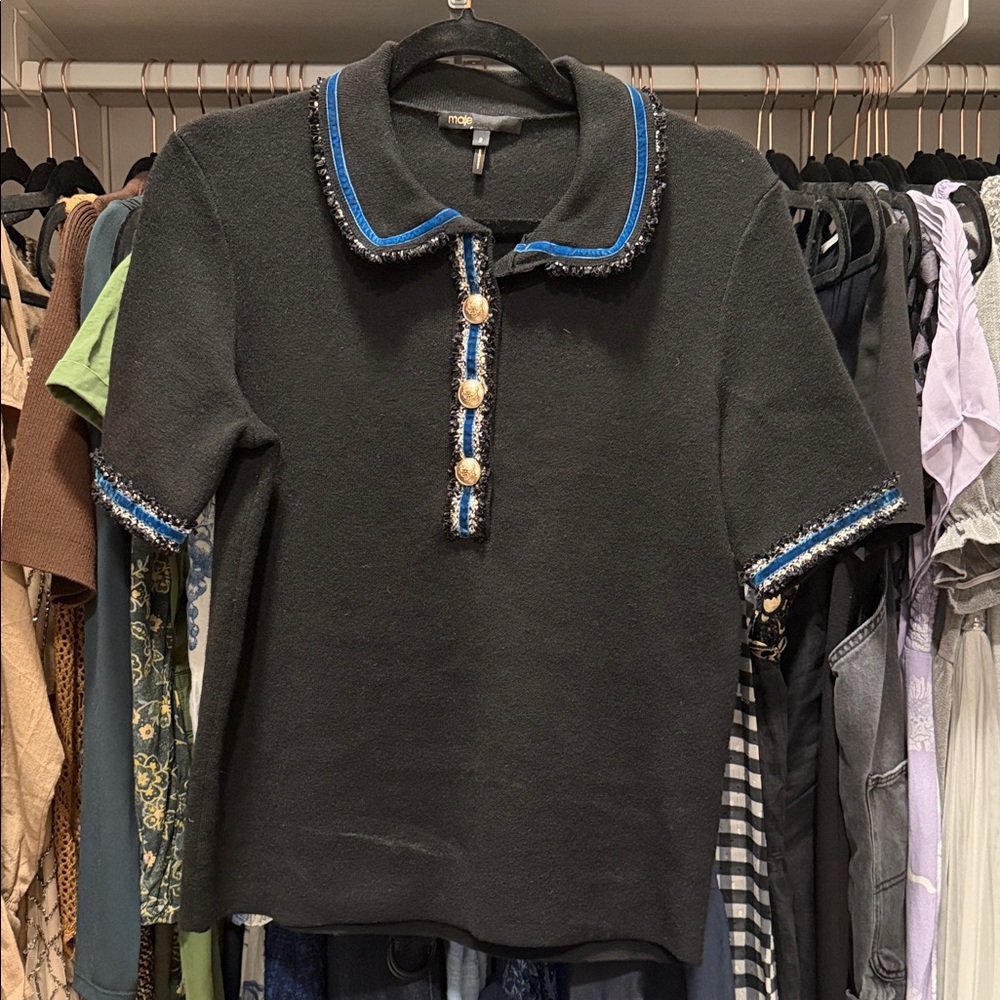 Maje Black Knit Polo Top with Blue Trim and Gold Buttons